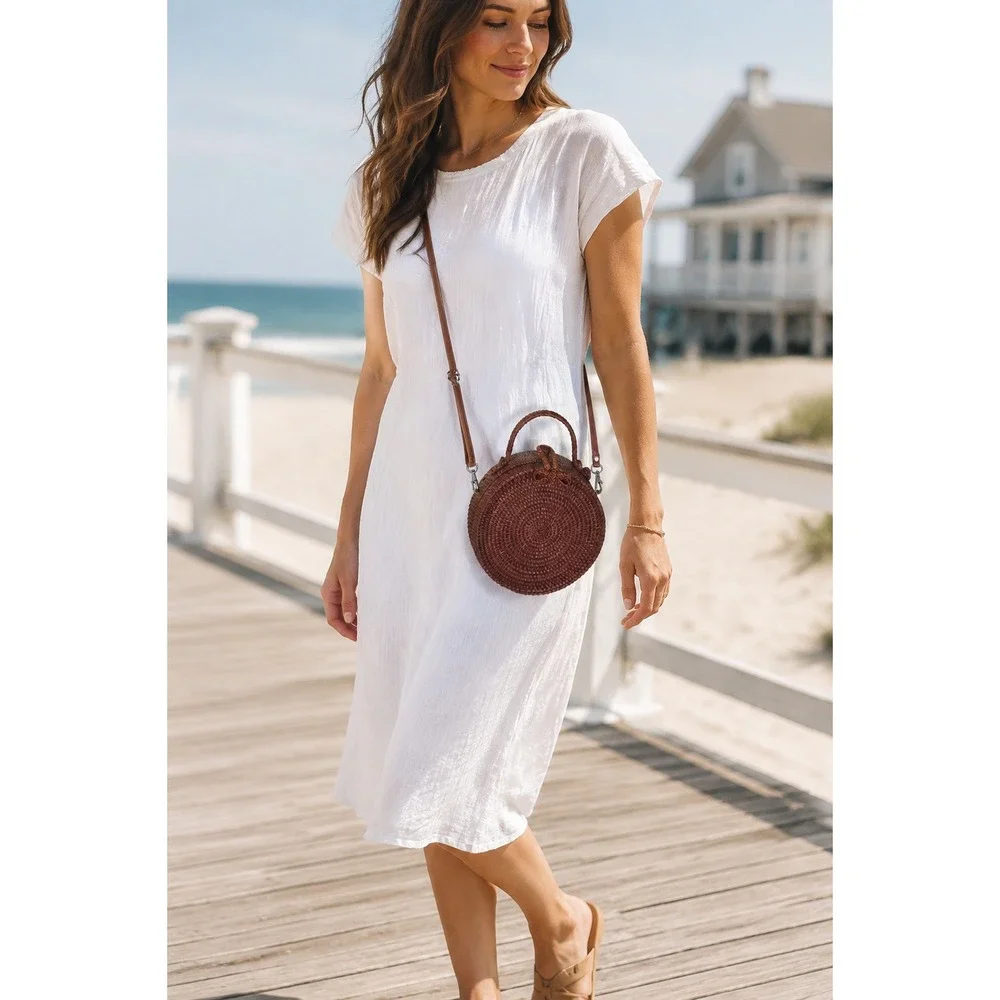 Round Woven Rattan Crossbody Bag Dark Brown Circle Canteen Purse Boho Summer